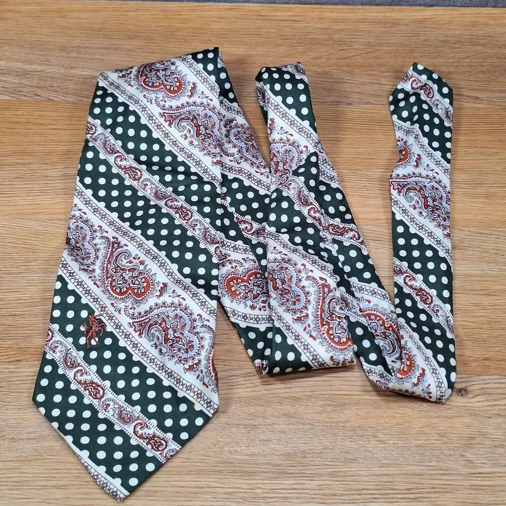 Bronzini Vintage Green Polka Dot Paisley Stripe Silk Tie Necktie Mens Classic
